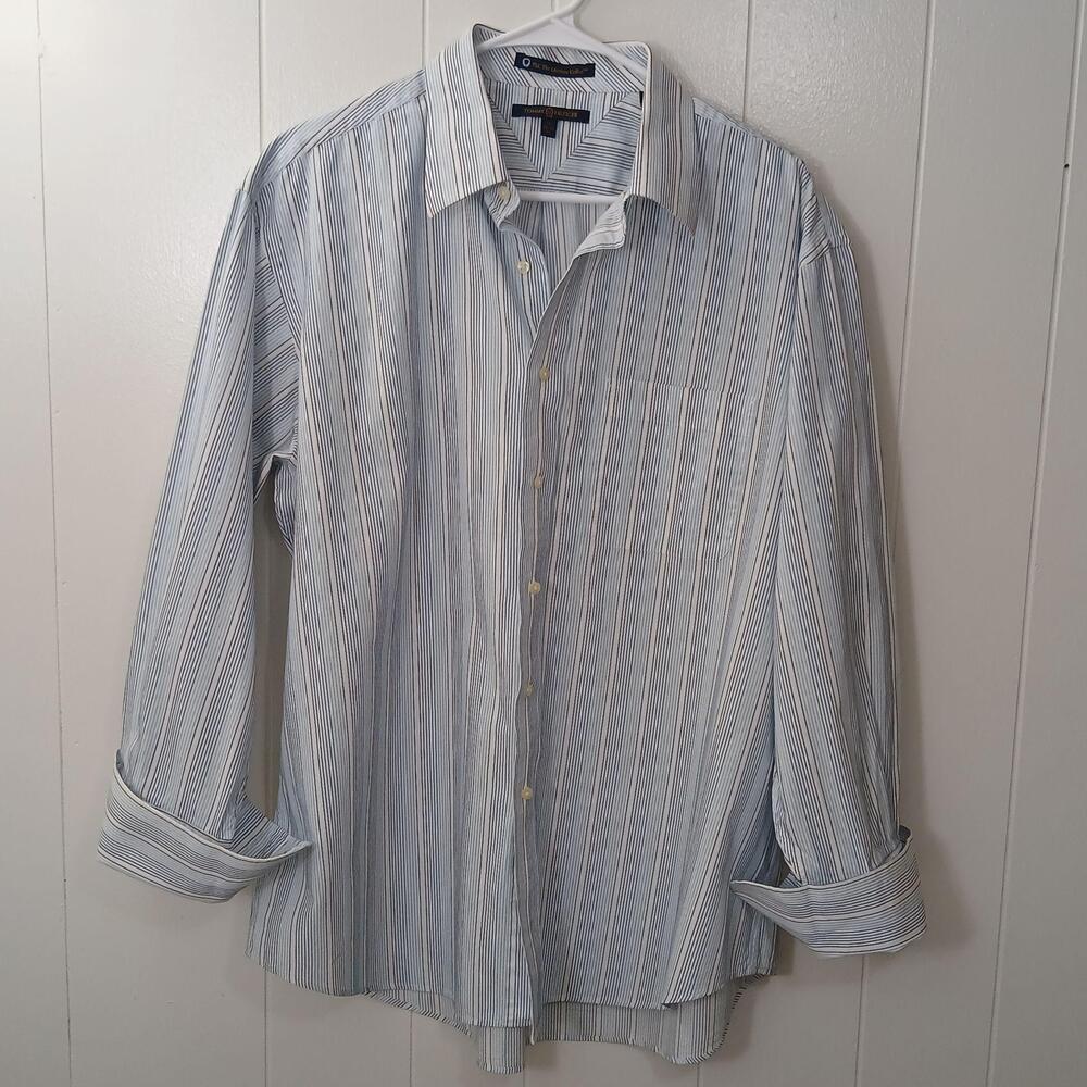 Tommy Hilfiger Dress Shirt Mens 17 32/33 Blue Stripe Regular Fit XL French Cuff